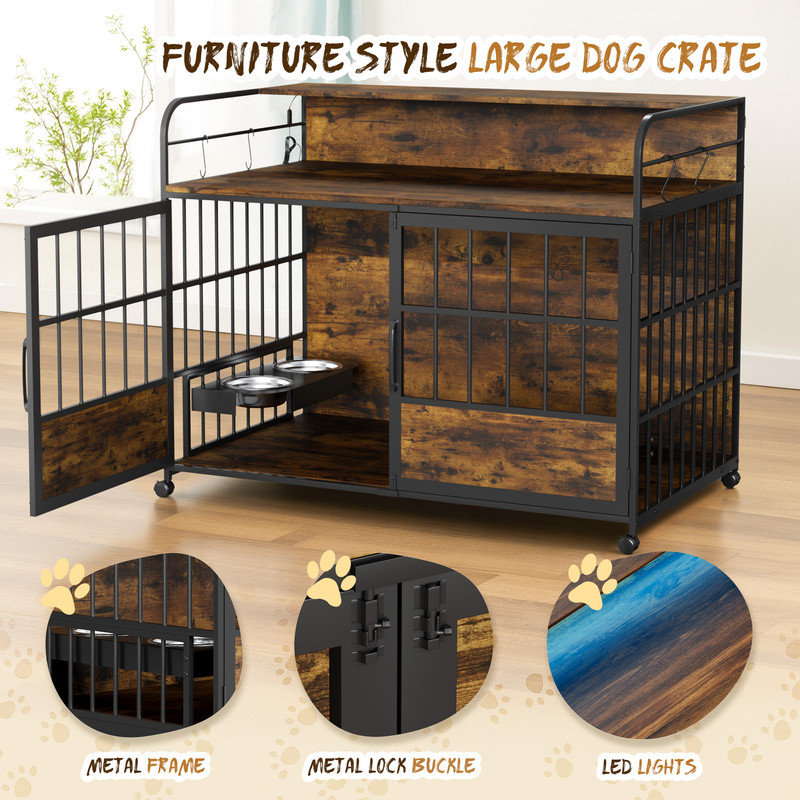 Large Heavy Duty Dog Crate Furniture with Two Platforms - Double-Doors, Chew-Proof Kennel with Storage & Decorative Design