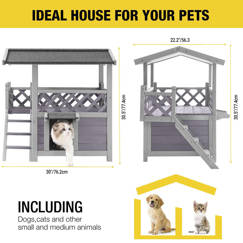 Cat House Outdoor Indoor Feral Kitty Shelter with Escape Door for Cats, Weatherproof Roof
