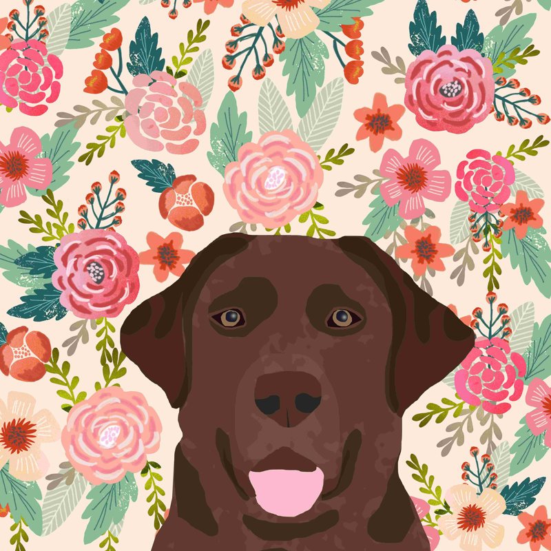 «Chocolate Lab Florals Dog Breed», impression sur toile tendue, L 12 po x H 12 po