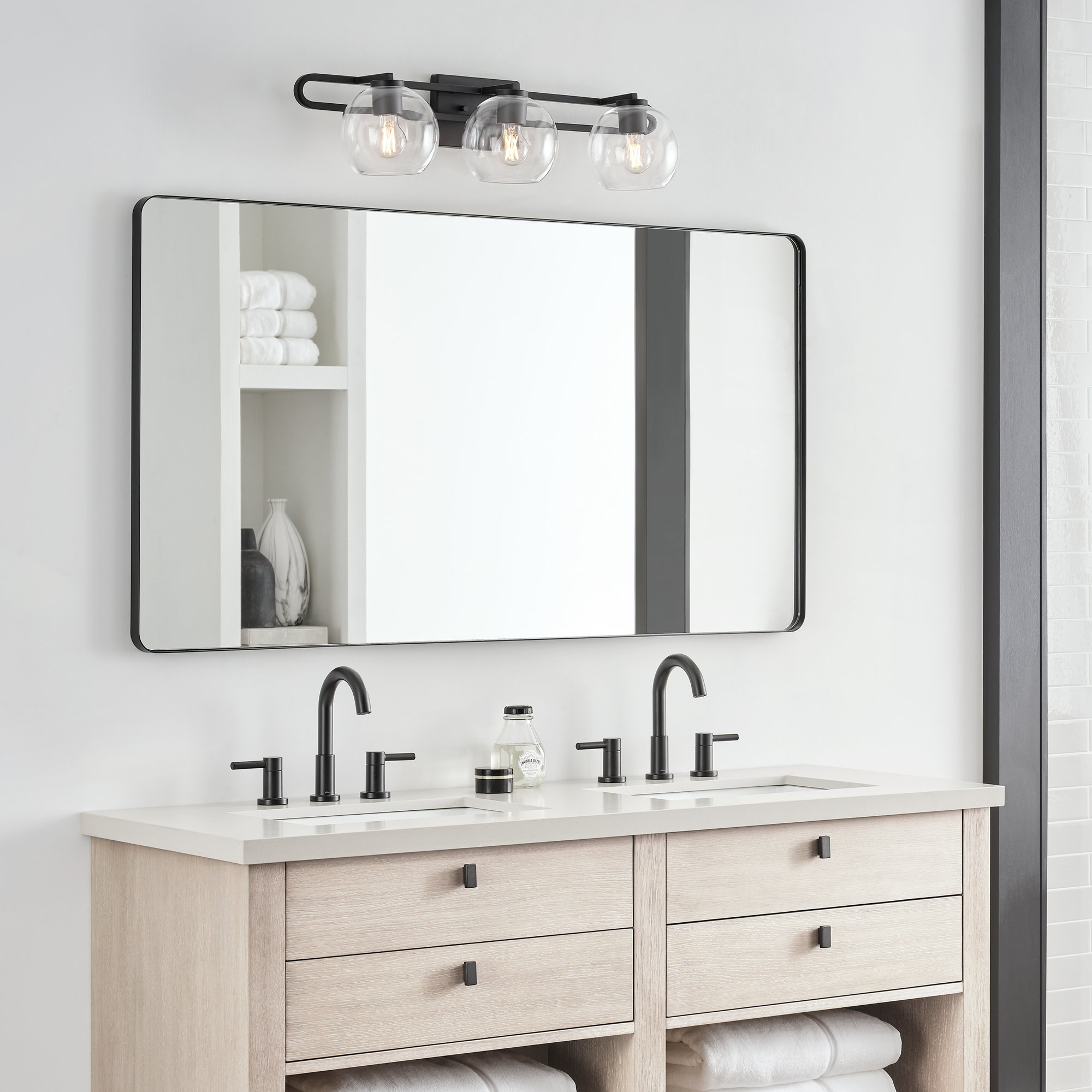 Eveline 7.63" H x 30" W 3-Light Dimmable Metal and Glass Vanity Light, Midnight Black
