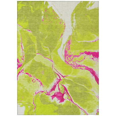 10' X 14' Lime Green Neon Abstract Washable Indoor Outdoor Area Rug