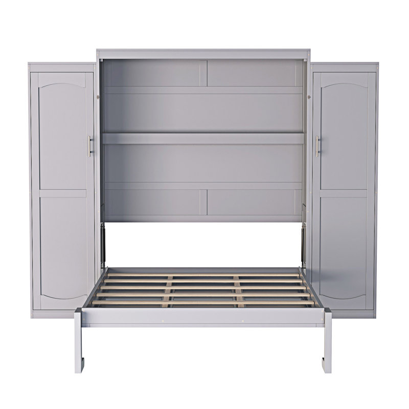 Murphy Bed Wooden Wall Bed With  Wardrobe And Storage Shelf, Gray, Full