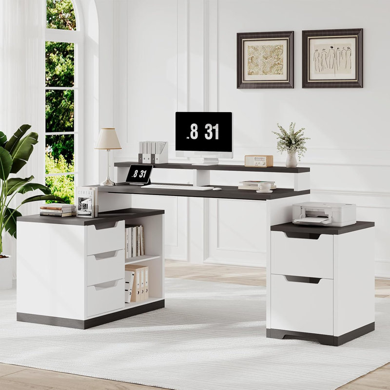 67 Inch L Shaped Executive Desk,Home Office Computer Desk with Monitor Stand,Study Writing Desk