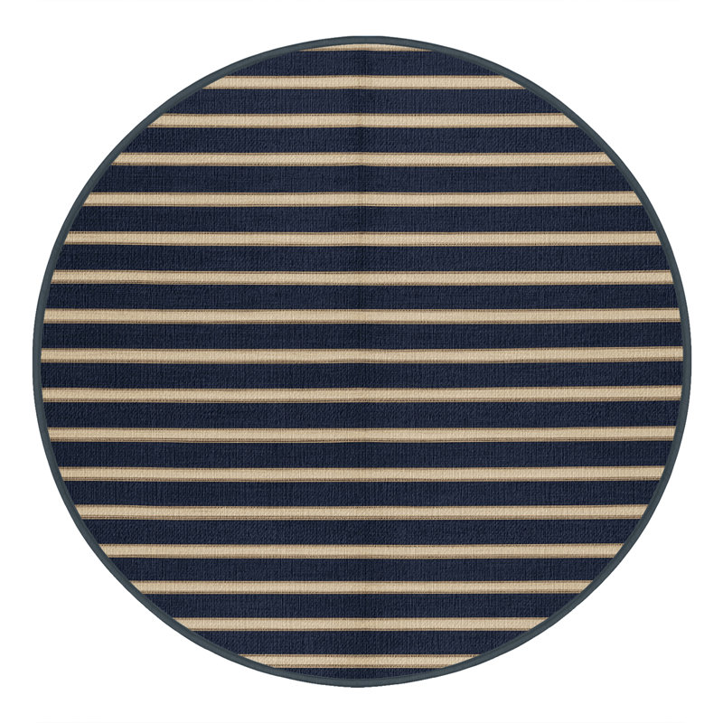  Tapis lavable rayé crème marine, Rond 8 pi