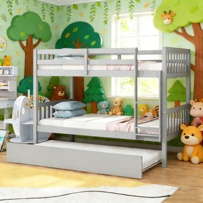 Twin Over Twin Solid Wood Bunk Bed With Trundle&Ladder, Convertible to 2 Twin Size Beds and 1 Twin Size Trundle