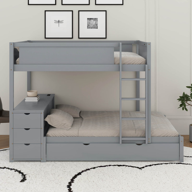 Lit superposé double avec lit gigogne simple, rangement et bureau, Gris