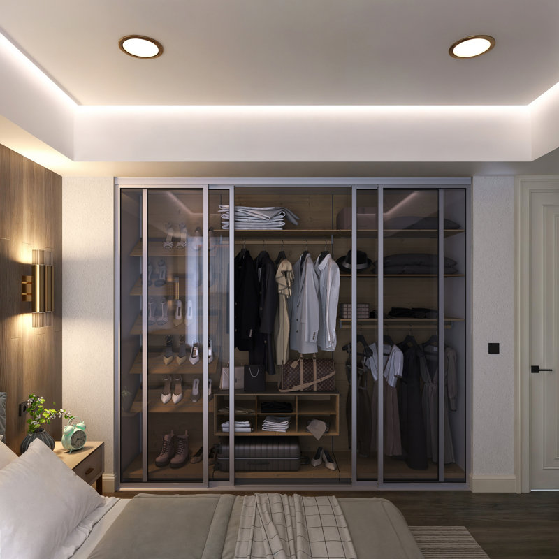 Cloison 4 panneaux coulissants en verre transparent - structure en aluminium avec technologie Silent Glide, Blanc mat