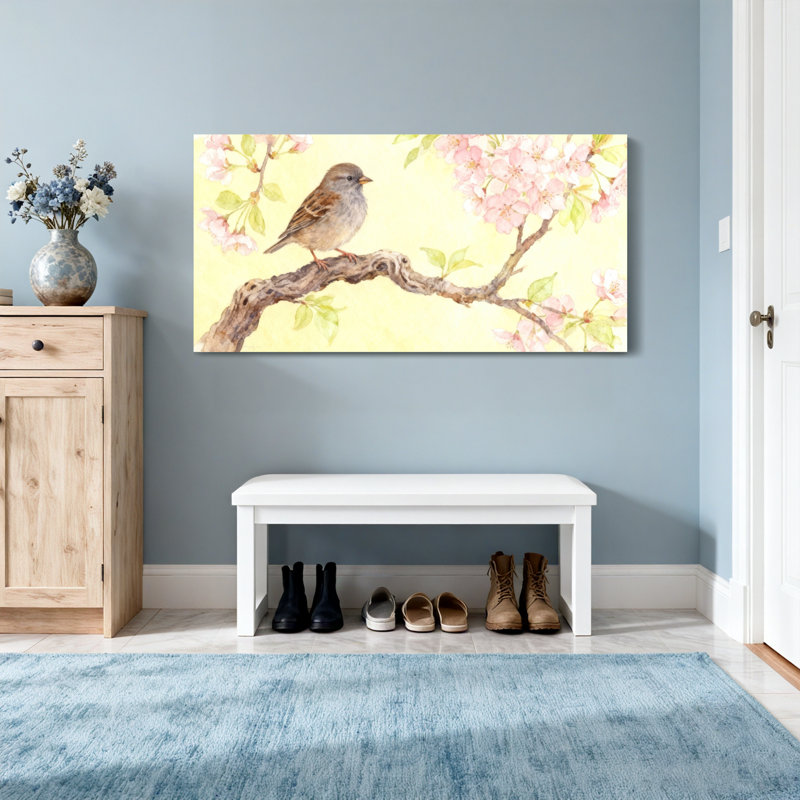 Animaux, oiseaux, perchés sur une branche de fleur, scène de printemps, H 28 po x l 58 po
