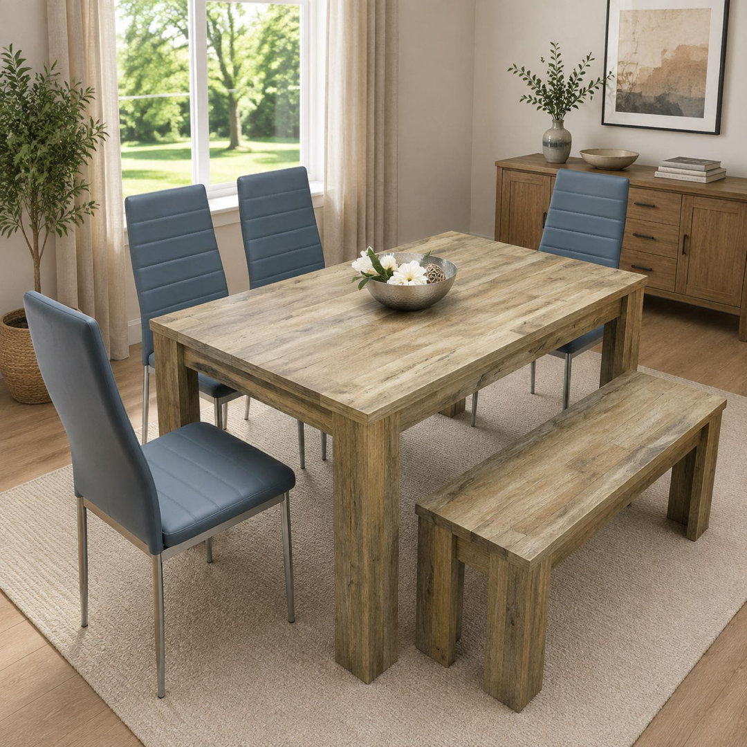 Kosy Koala Wooden Dining Table Set for 6 - Rustic Brown Table with 4 Grey Faux Leather Chairs and 1 Bench - Image 2