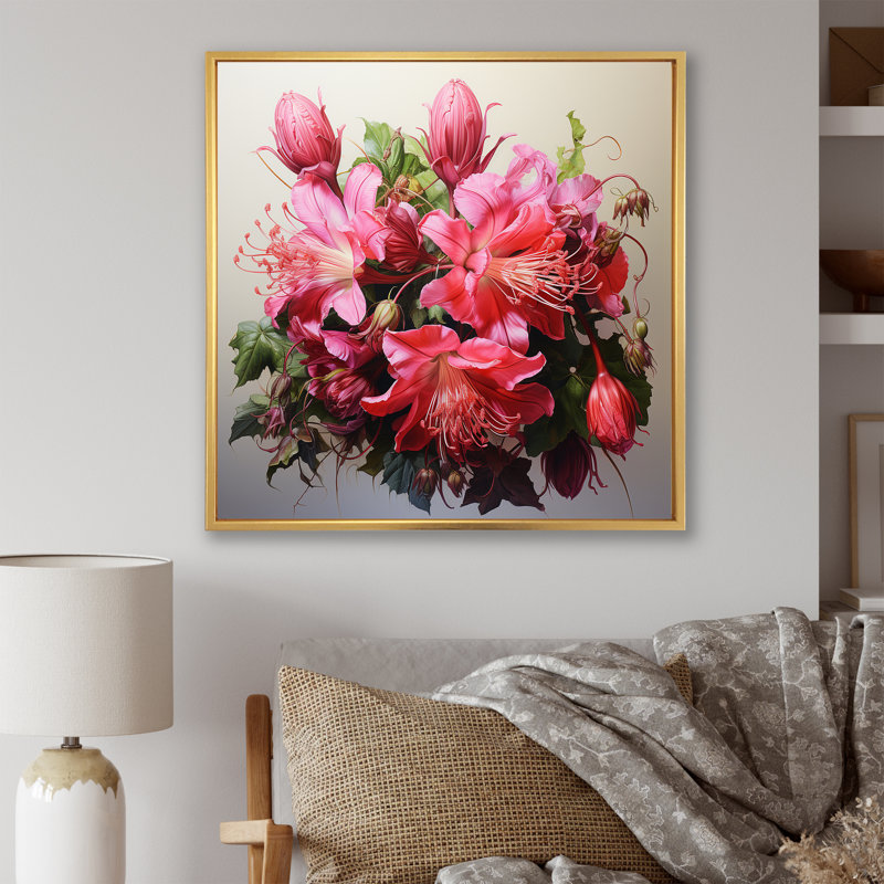 Fuchsia rétro rose, art mural Fuschia, Cadre flottant doré, H 16 po x l 16 po x P 1 po