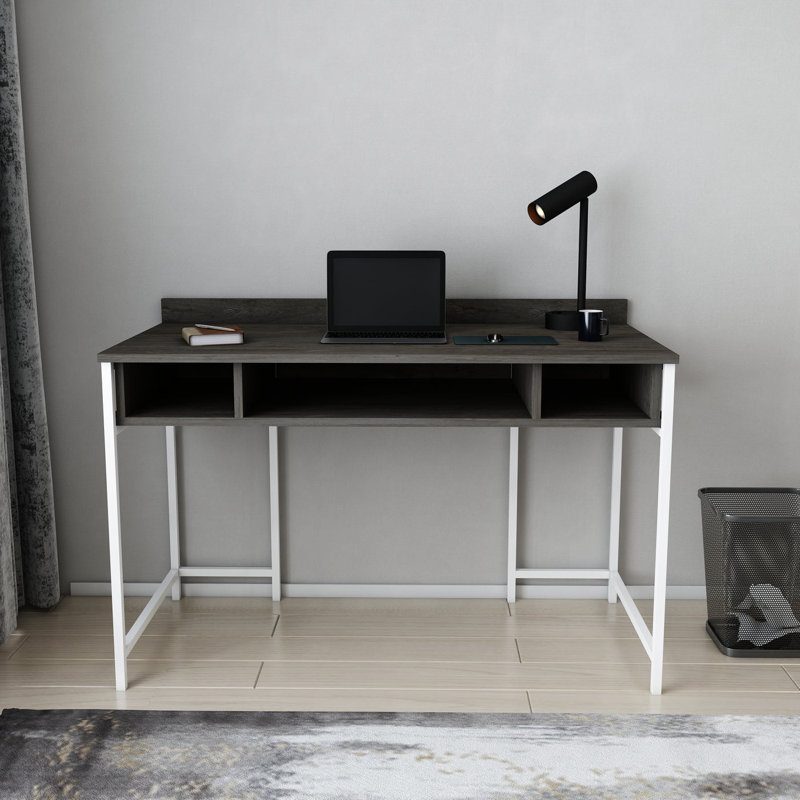 Alma Desk Metal Base Writing Desk, Dark Gray Oak/White