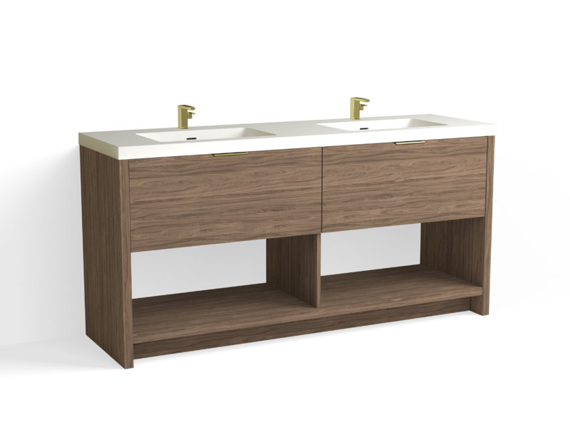 Vista 72" W Freestanding Double Bathroom Vanity, Nocino/Satin Brass, Single-Hole, White Matte