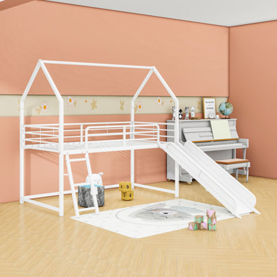 Metal Loft Bed With Slide And Curtain Set