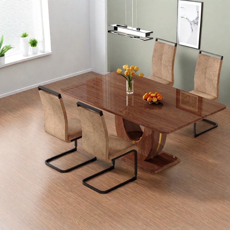 Ensembles de table de salle à manger moderne, table en MDF de 63 po, chaises en tissu brun, maison et salle à manger
