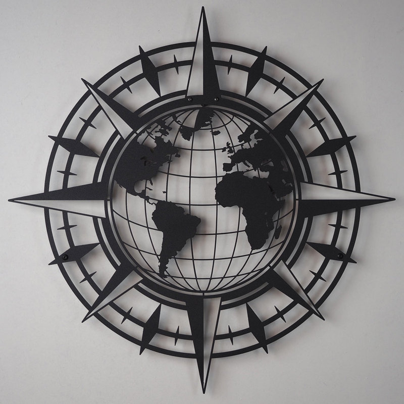 Décoration murale boussole et carte du monde en métal, H 19 po x l 19 po x P 1 po