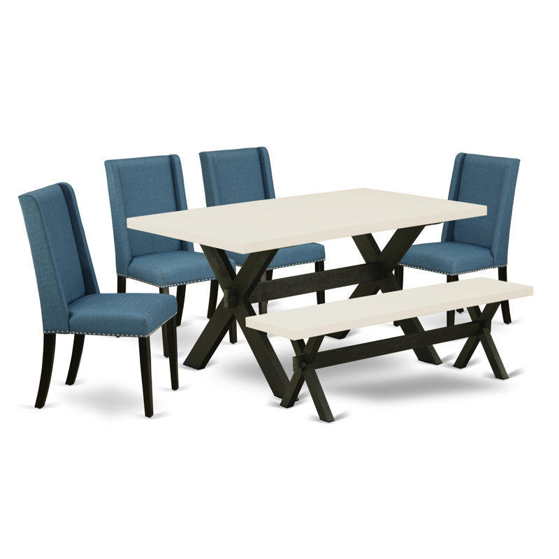 Ensemble de salle à manger en bois d'hévéa massif pour 6 personnes, Lin blanc, 6 Pieces: Table, 4 Chairs, 1 Bench