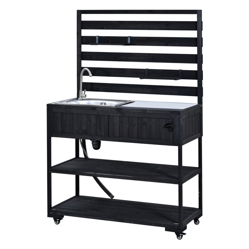(With Assembly Video) TOPMAX 41.7'' Large Patio Rolling Kitchen Island Solid Wood Kitchen Cart with Sink, Garden Potting Bench with Stainless Table Top, 2 Movable Shelves and 1 Bottle Opener,Black