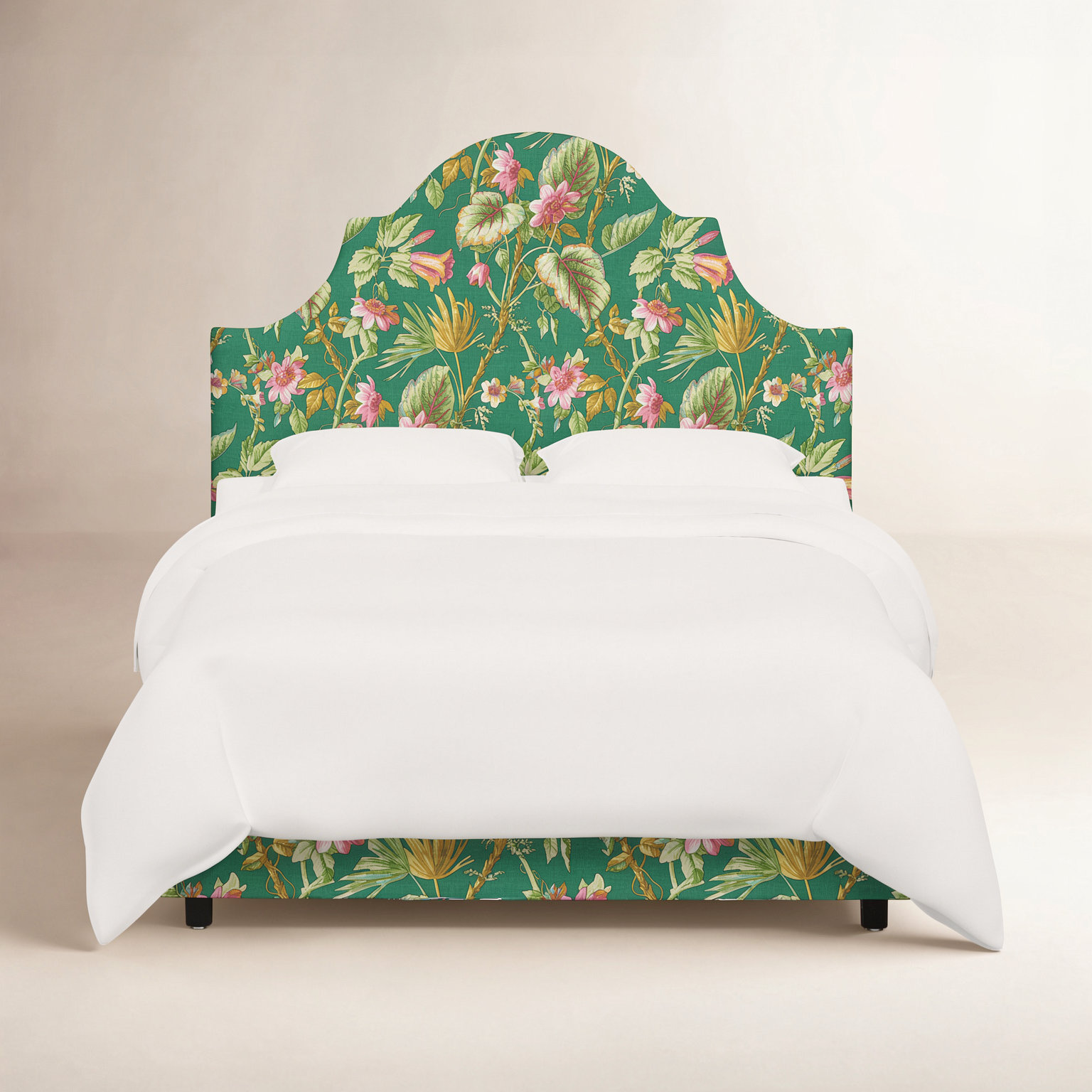 Geneva Cotton Upholstered Bed, Scm Tropical Floral Green Linen, Queen