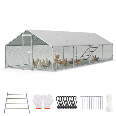 9.8' W x 26.2' D Walk-In Metal Chicken Run Coop, Lockable Door & Waterproof Cover with Roosting Ladder, Outdoor Poultry Cage for Chickens, Ducks & Small Animals