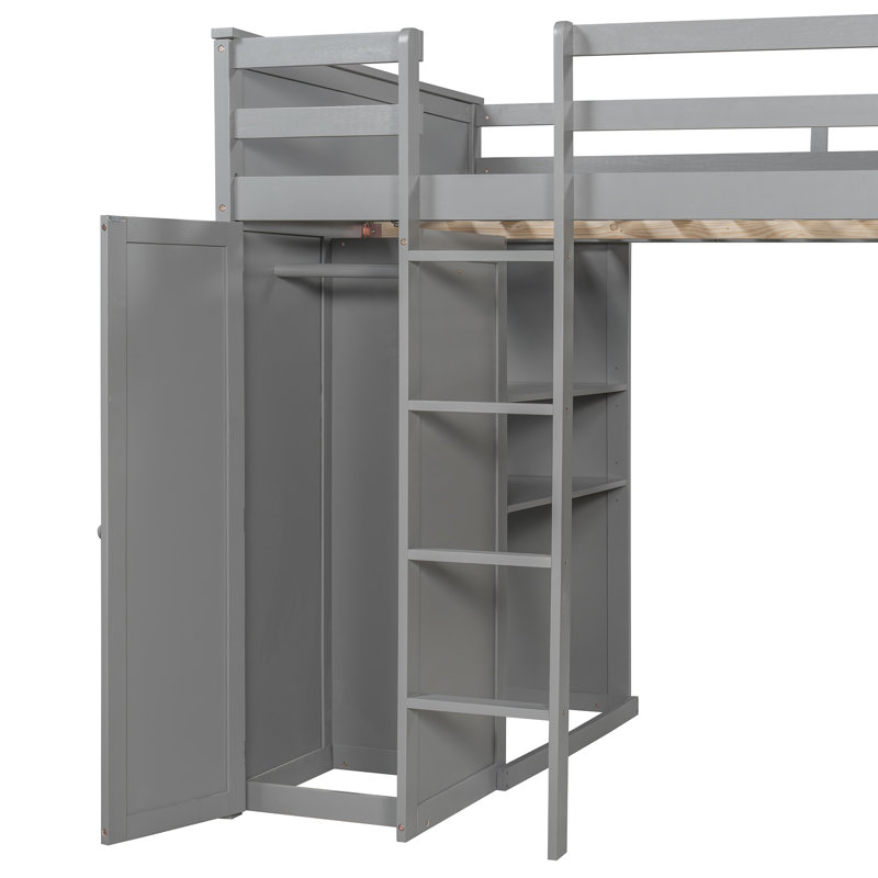Hasel L Shaped Bunk Bed with Desk, Bookcase and Wardrobe, Gray, Full over Full