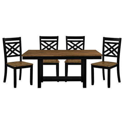 Table de salle à manger rustique 5 pièces avec finition brun noir 2 tons, table rectangulaire et 4 chaises confortables pour repas brun contemporain, tablette fonctionnelle