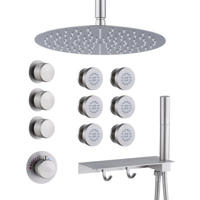 12 Inch Rainfall Thermostatic Shower System with Body Jets, and 3-Sprays Handheld with a Shelf -  CASAINC, KCHS0004-12BN