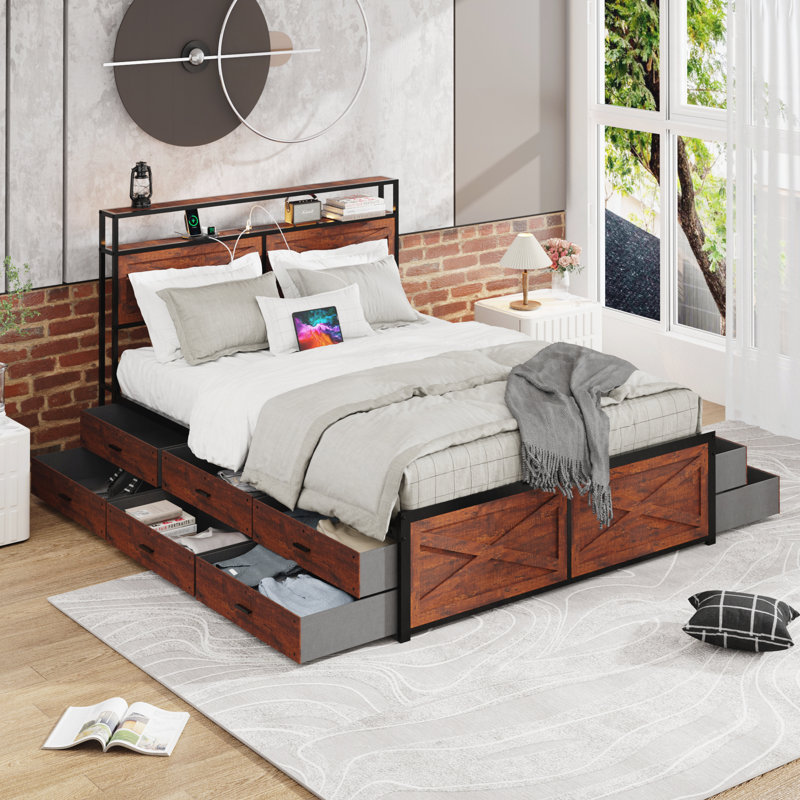 Bed Frame with Storage Headboard and 12 Drawers LED Lights