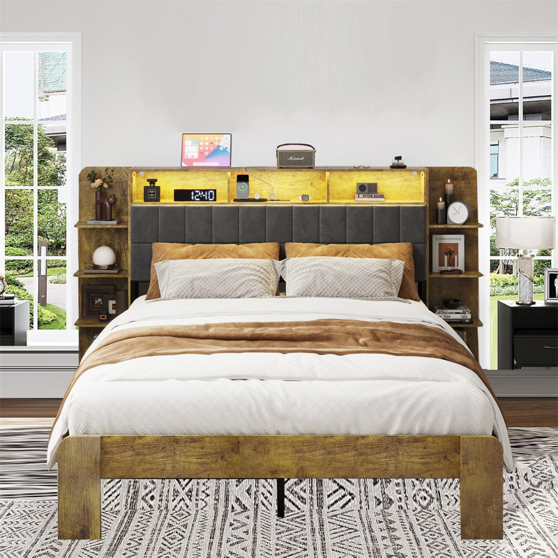 Cadre de grand lit avec rangement, grand lit plateforme avec lumières DEL