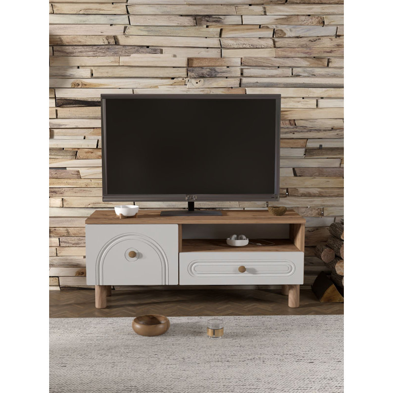 Modern TV Stand with Wall-Mount Option, Atlantic Pine & White, 40.9 x 18.5 x 13.8 inches | 100% Melamine Coated Chipboard, 0.7 inches Thick | Stylish Geometric Design with Multiple Shelves for Storage & Display