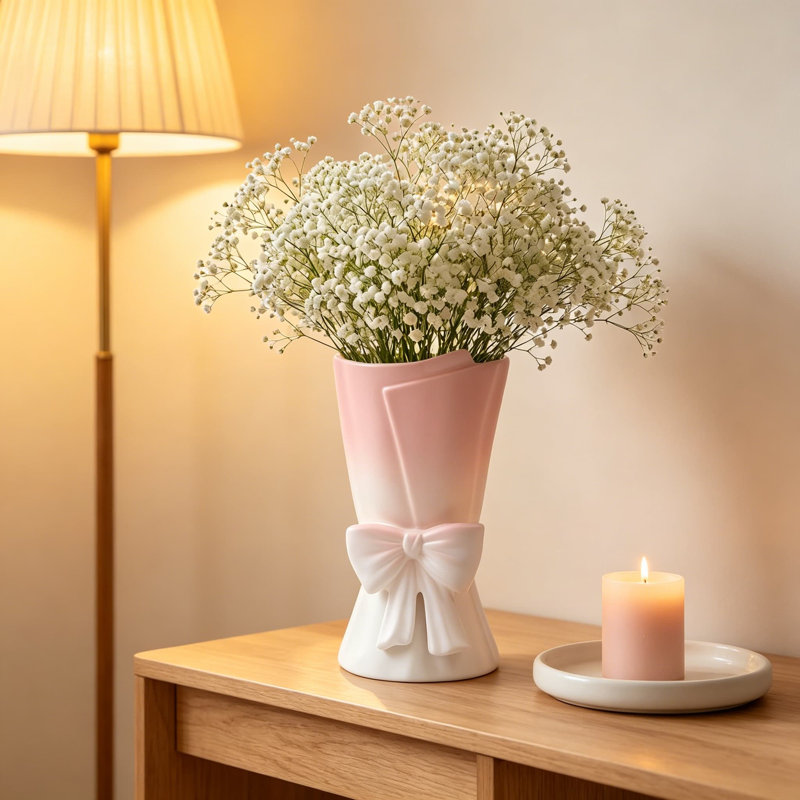 Vase en céramique de 9,64 pouces en céramique, rose et blanc