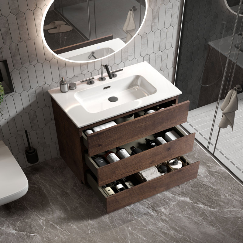 Derrance Single Bathroom Vanity with Ceramic Top, Walnut, 36"