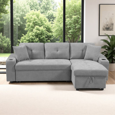 Canapé modulaire en L 90,5 po avec canapé-lit, méridienne de rangement, 2 porte-gobelets et 2 coussins décoratifs