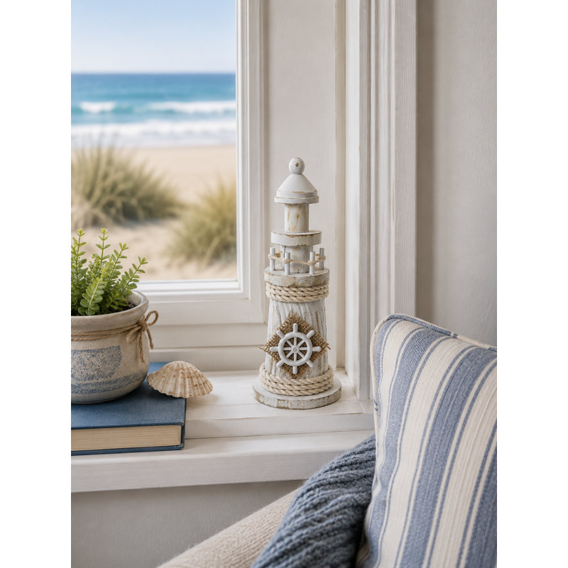 Rustic Lighthouse With Ship Wheel Accent Figurine