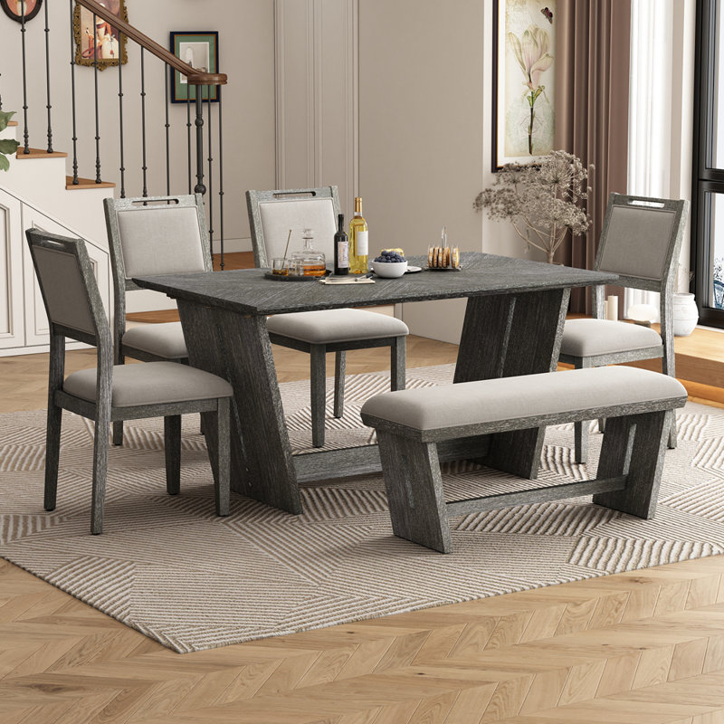 6-Piece Retro Dining Set, 1 Rectangular Table with 4 Upholstered Chairs and 1 Bench, Grey