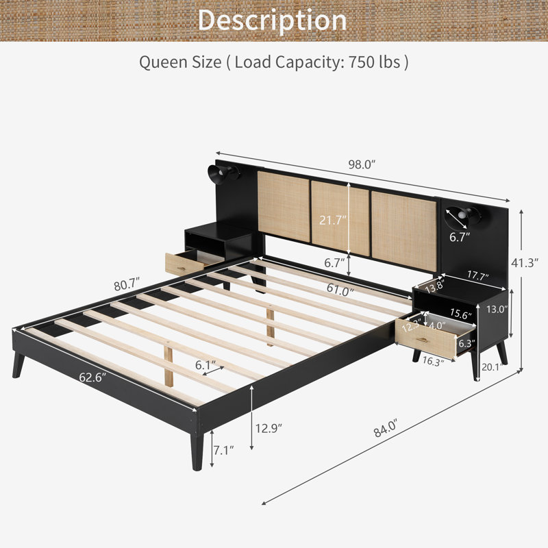 Structure de lit grand en bois massif avec 2 tables de chevet, tête de lit avec lumières, Noir