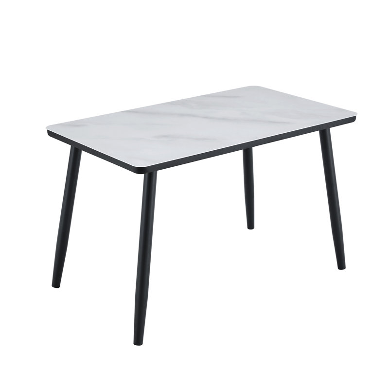 Modern Minimalist Rectangular Dining Table, Suitable For 4-6 People. Tempered Glass Countertop+Lower MDF Board, Imitation Marble Texture, Black Metal Tapered Legs. Suitable For Minimalist Restaurants.