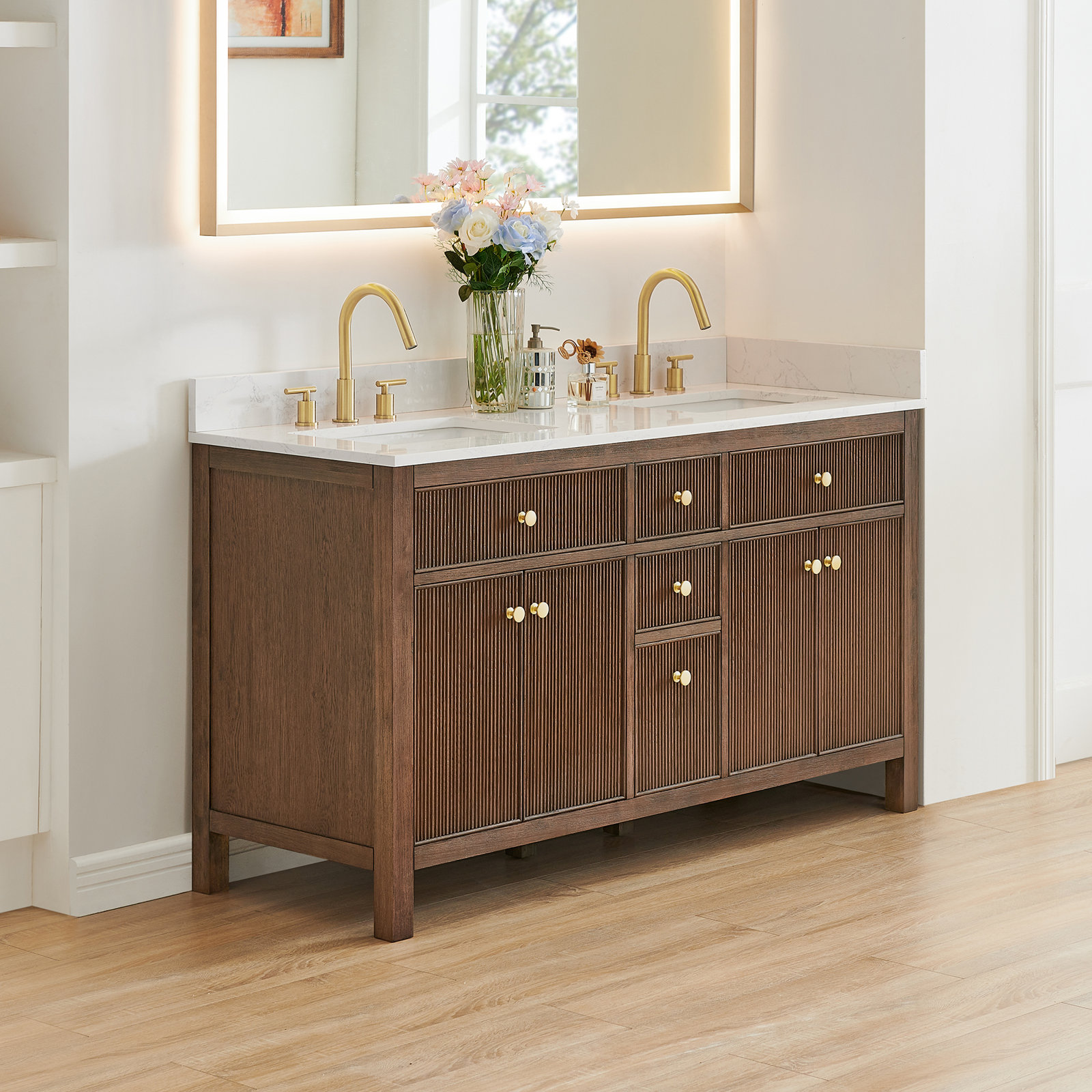Lala 60" Double Bathroom Vanity, Brown Brushed Oak