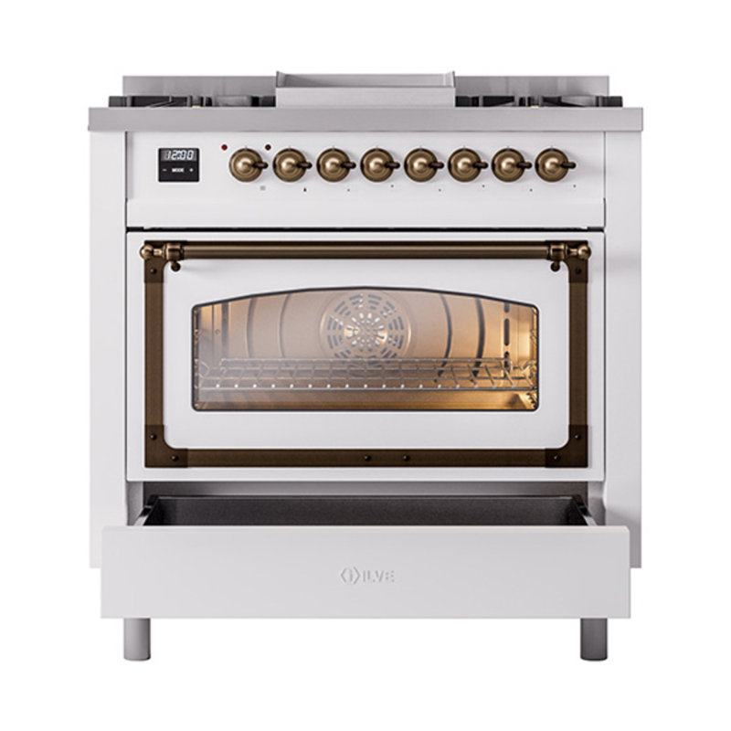 ILVE Nostalgie II Noblesse 36 in Dual Fuel Range with 6 Sealed Burners, Griddle (Glass Door), White/Bronze, Natural Gas