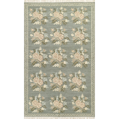 Bateman Floral Hand Woven Wool and Cotton Blue Area Rug 2' X 3'