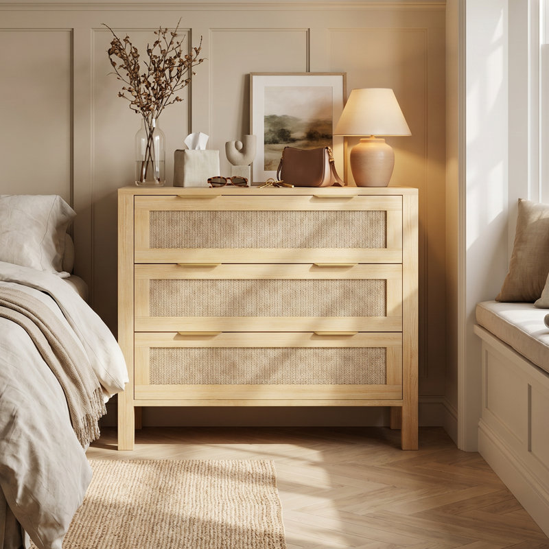 32.2" W 3 Drawer Dresser for Bedroom, Rattan Storage Dresser, Natural, 29.1" H x 32.2" W x 15.7" D
