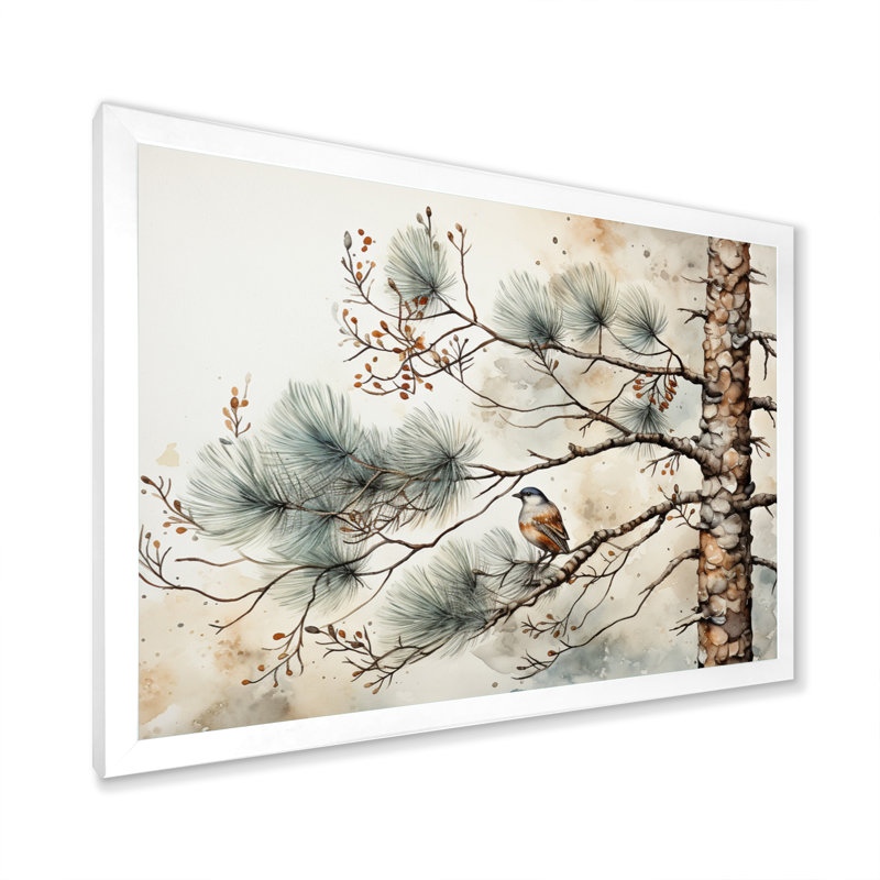 Décoration murale oiseau sur pin II, Cadre simple blanc, H 16 po x l 32 po x P 1 po