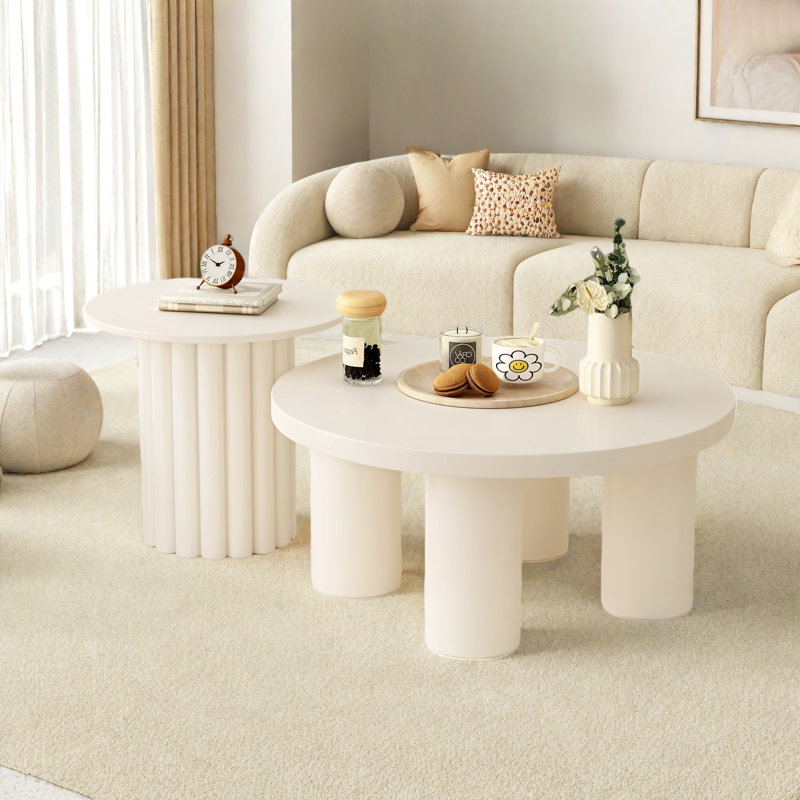 Modern Coffee Table Set Of 2, Round Coffee Table With Cylindrical Leg Design And 1 End Table
