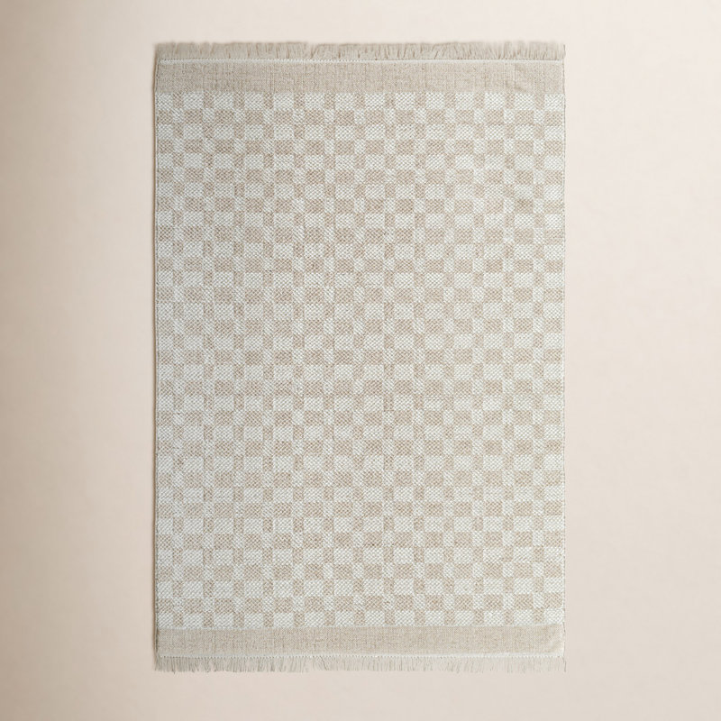 Lavande Checkered Wool Area Rug in Tan/Ivory, Rectangle 2' x 3'