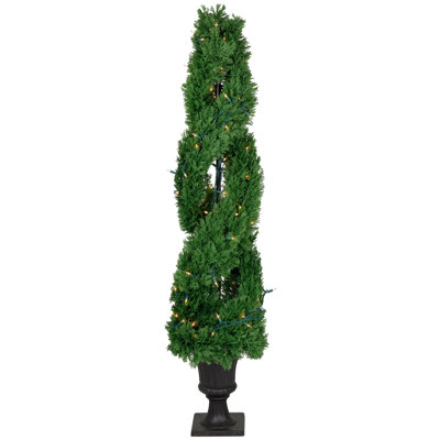 4.5' Pre-Lit Artificial Cedar Double Spiral Topiary Tree in Urn Style Pot Clear Lights