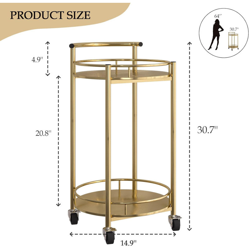 Bar Cart Gold Rolling Cart For Home,2 Tiers Bar Serving Cart Round Wine Cart With Handle, Metal Wine Rack And Casters, Serving Bar Trolley For Home Kitchen,Living Room,Christmas,New Year