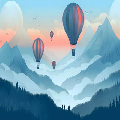 Rêveuses montgolfières au-dessus des montagnes bleues brumeuses