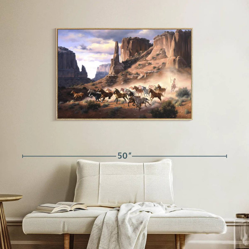 Grès et chevaux volés, 40 po x 27 po, Cadre flottant en bois naturel