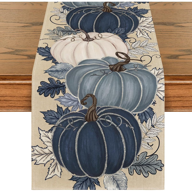 Blue Porcelain Pumpkin Ink 210 GSM Fall Table Runner, Seasonal Autumn Kitchen Dining Table Decoration For Home Party Decor 13X108 Inch