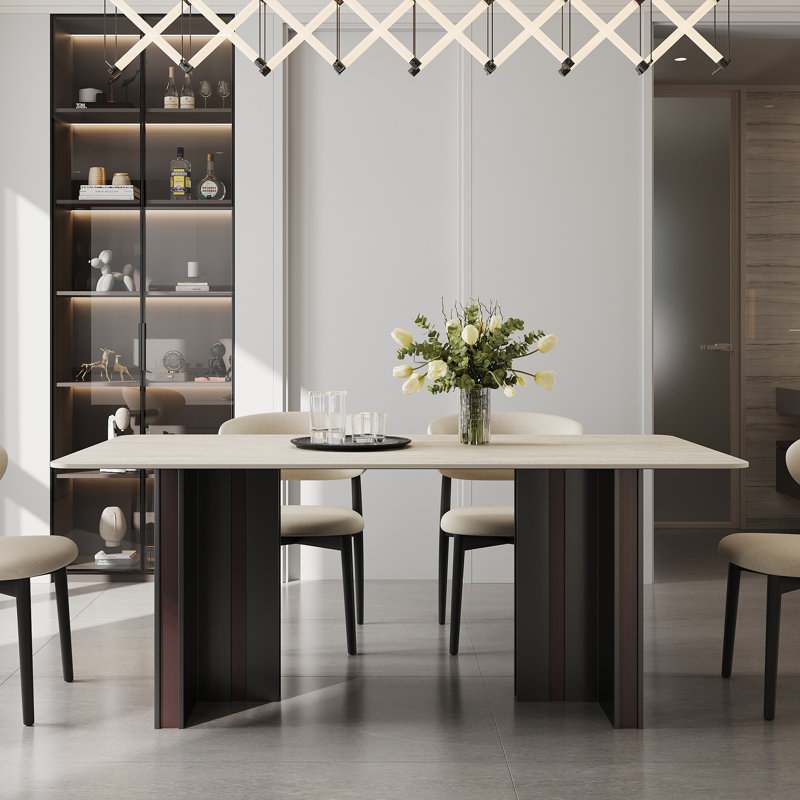 Table de salle à manger 63 po rectangulaire pour 6 personnes, table de cuisine en travertin fritté clair avec pieds en acier robuste, mobilier de salle à manger de style campagne moderne