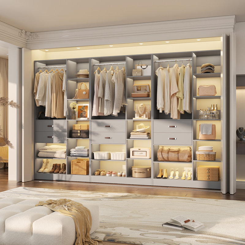 Système d'organisation l 120 po avec tiroirs en bois et tringles de suspension, Gris
